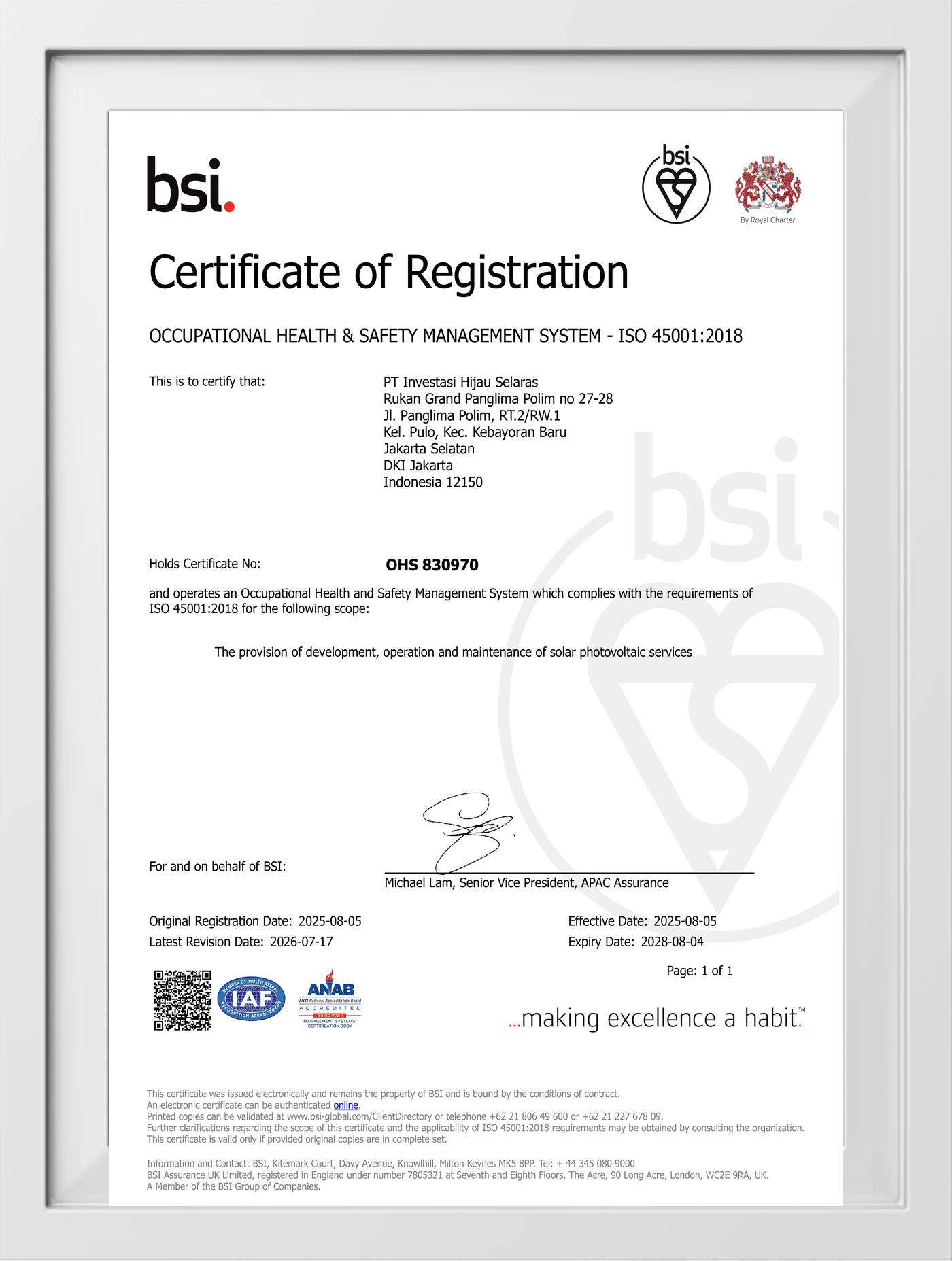 ISO 45001:2018 BSI Certificate