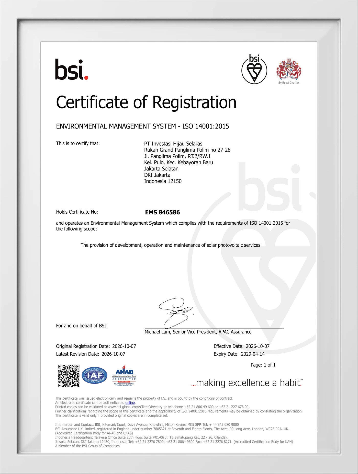 ISO 14001:2015 BSI Certificate